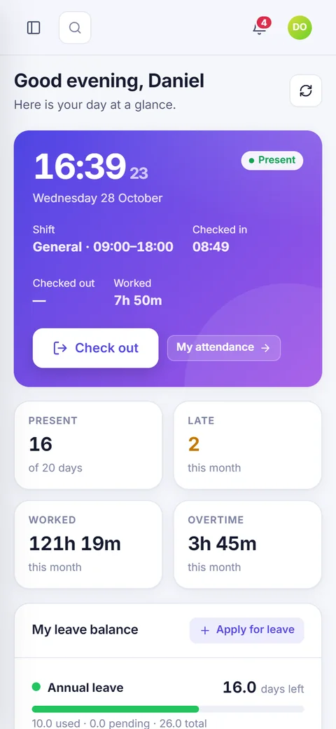Employee home screen with check-in on a phone